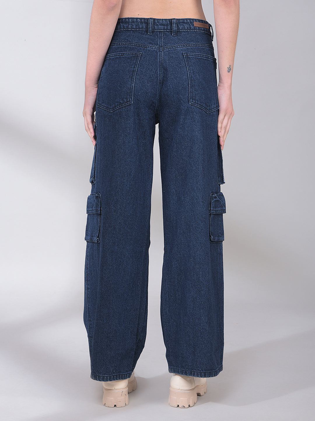 Blue 100% Cotton Cargo Jeans-Women Jeans-Crimsoune Club