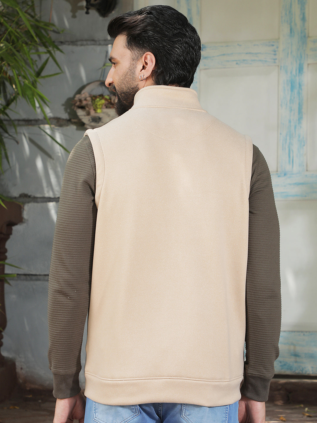 Beige High Neck Sleeveless Sweatshirt