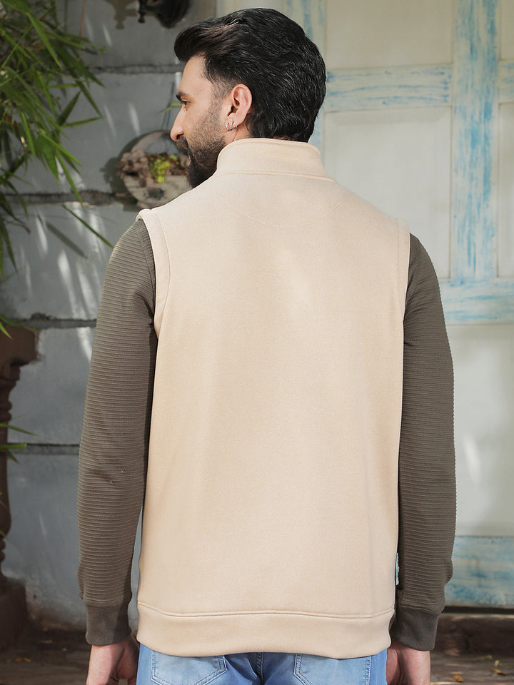 Beige High Neck Sleeveless Sweatshirt