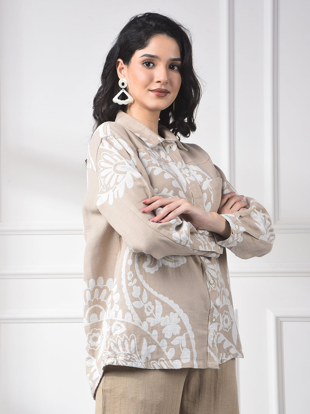 Beige Floral Print Linen Shirt