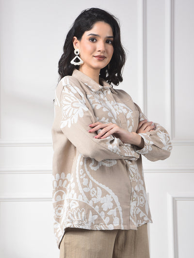 Beige Floral Print Linen Shirt