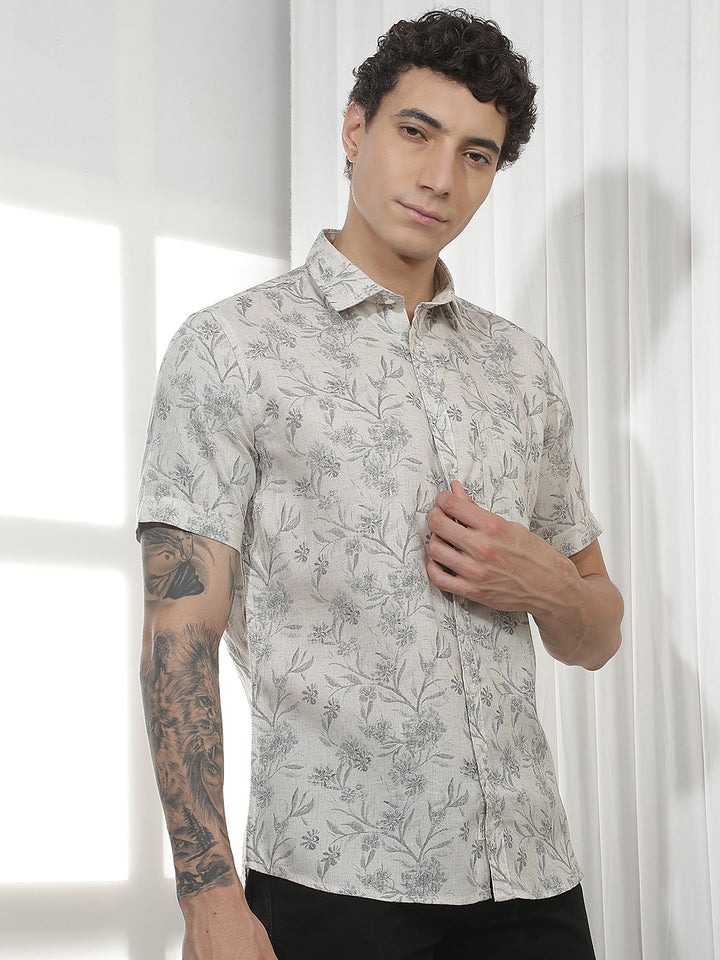 Grey Floral Print Linen Shirt
