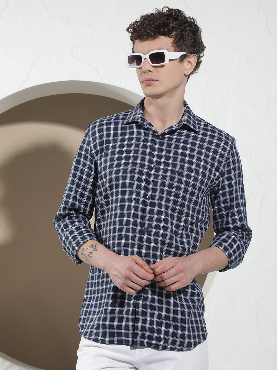Navy Blue Checked 100% Cotton Shirt