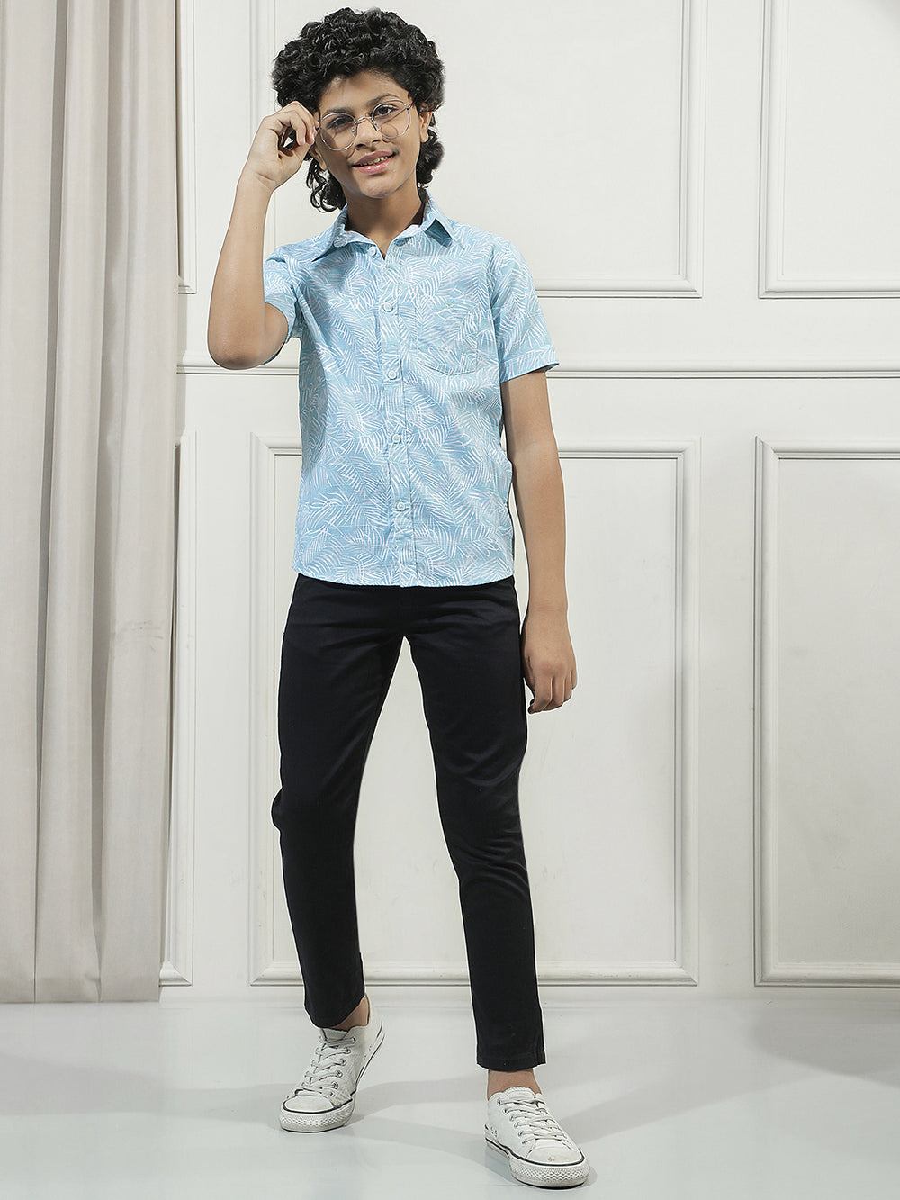 Sky Blue 100% Cotton Botanical Print Shirt