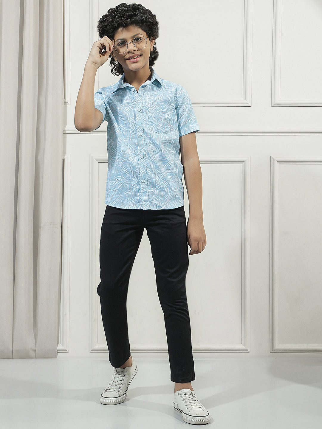 Sky Blue 100% Cotton Botanical Print Shirt