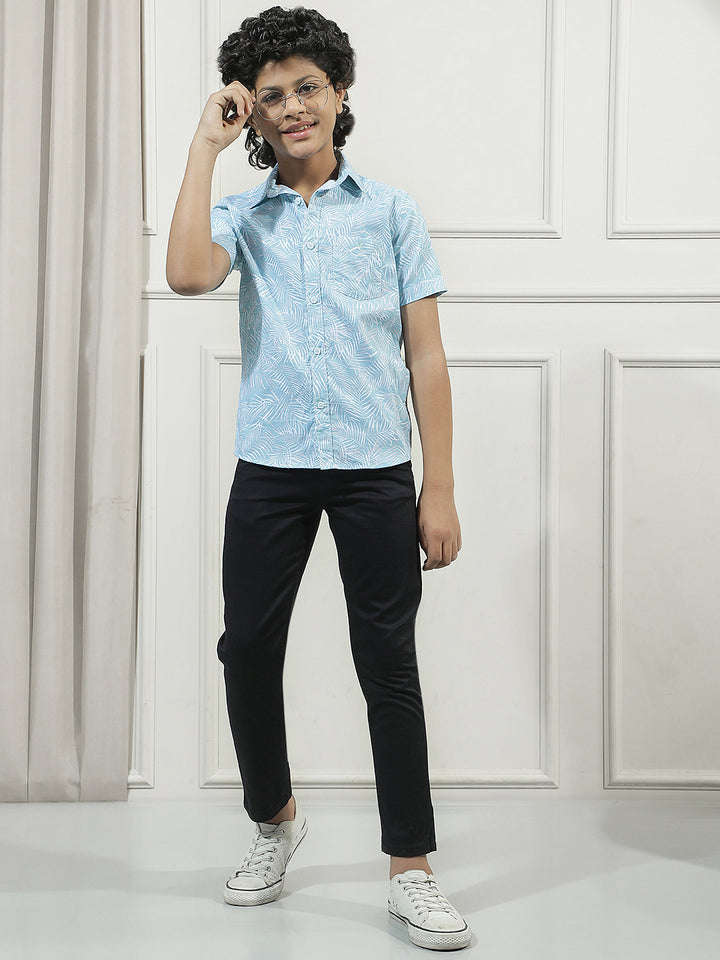 Sky Blue 100% Cotton Botanical Print Shirt