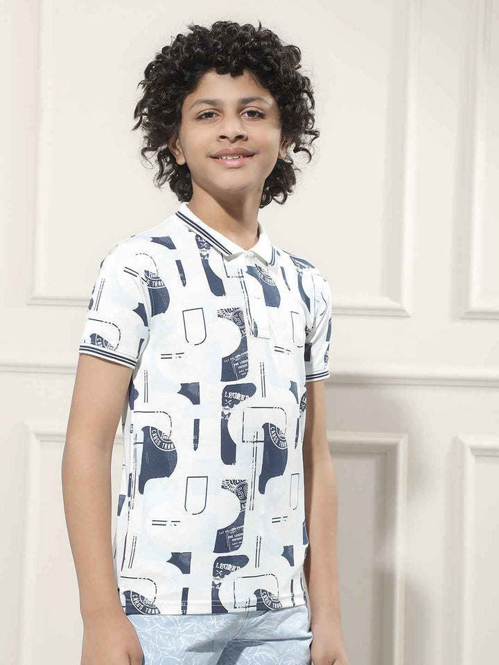 Blue Graphic Print Polo Neck T-Shirt