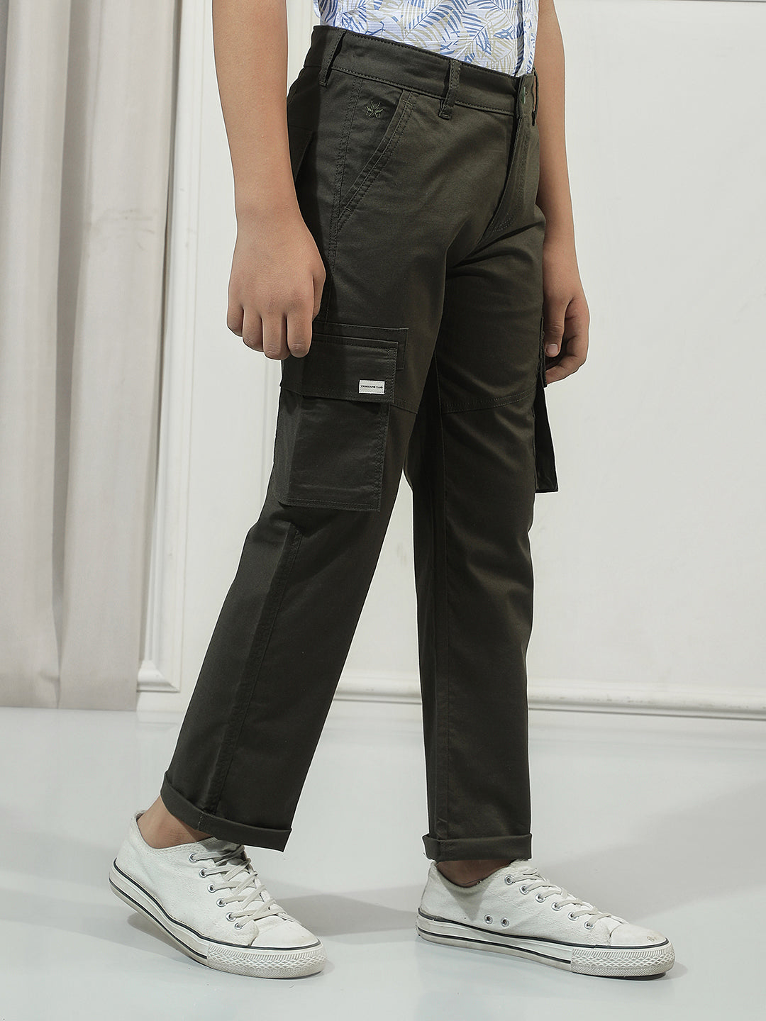 Olive Cotton Straight Stretchable Cargo Trousers