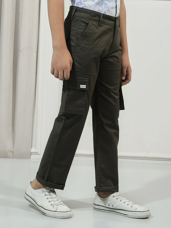 Olive Cotton Straight Stretchable Cargo Trousers