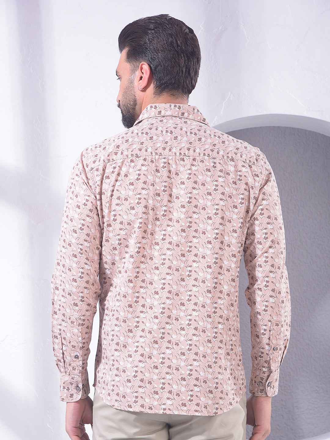 Peach Floral Print Linen Shirt