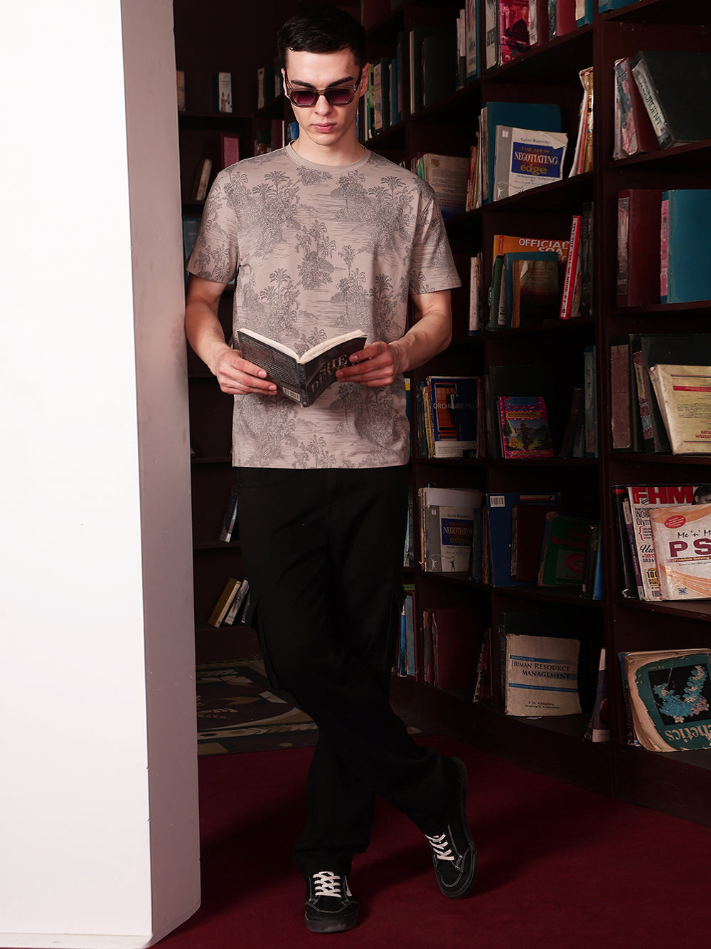 Olive Round Neck Tropical Printed T-Shirt