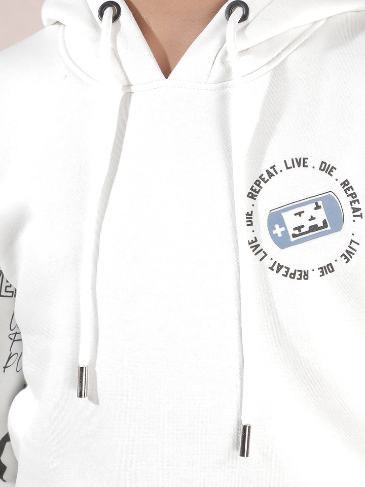 White Printed Hooded Neck Sweatshirt