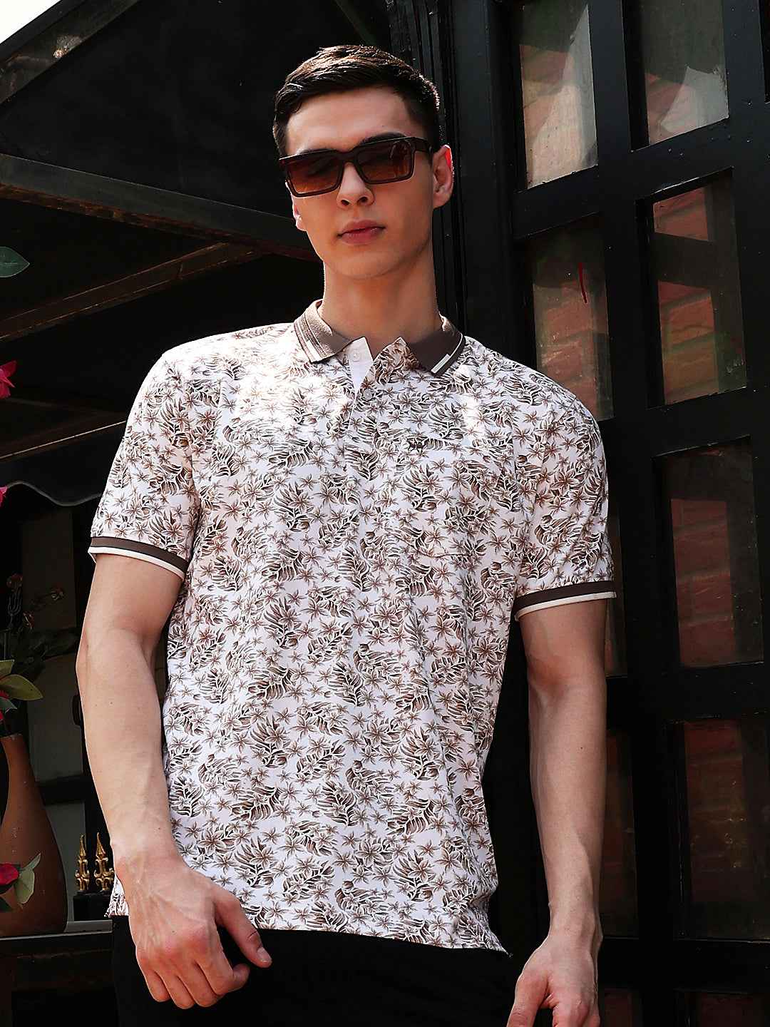 Brown Floral Print Polo Neck T-Shirt