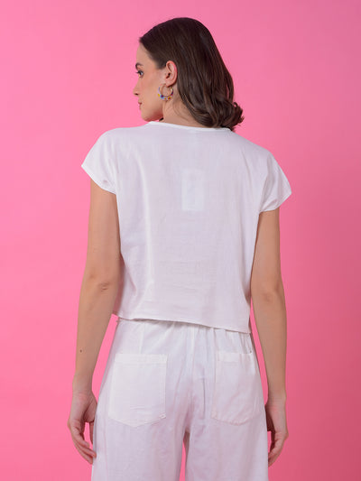 White Embroidered V-Neck Cropped Linen Top
