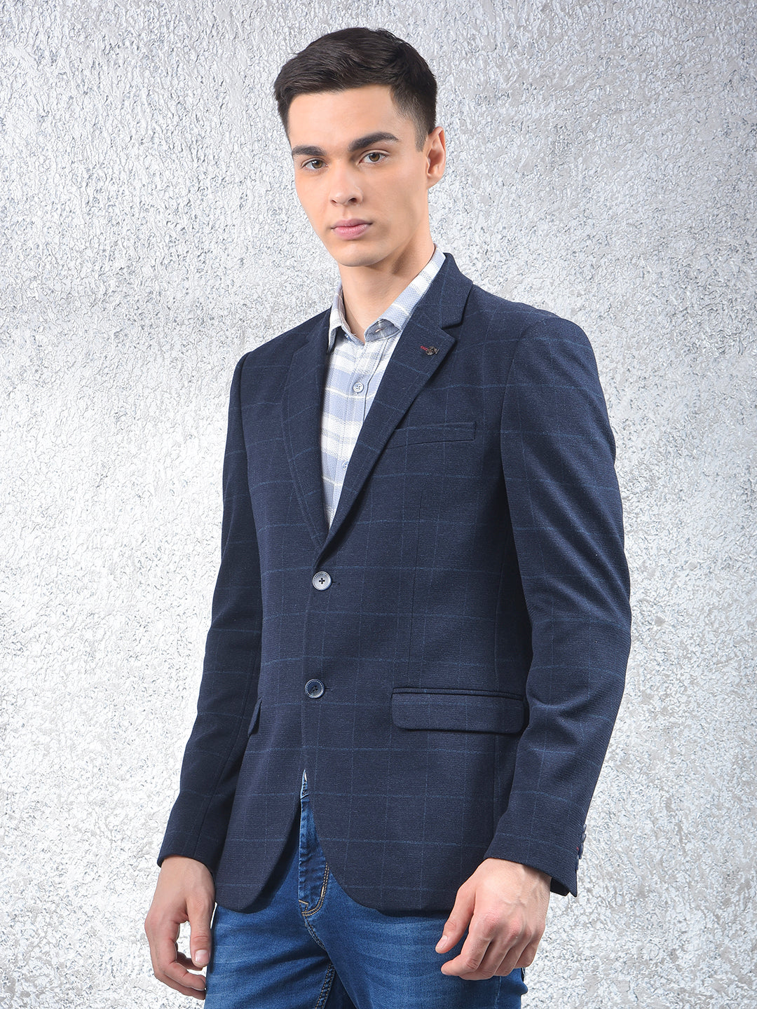 Navy Blue Checked Notched Lapel Single Breasted Blazer