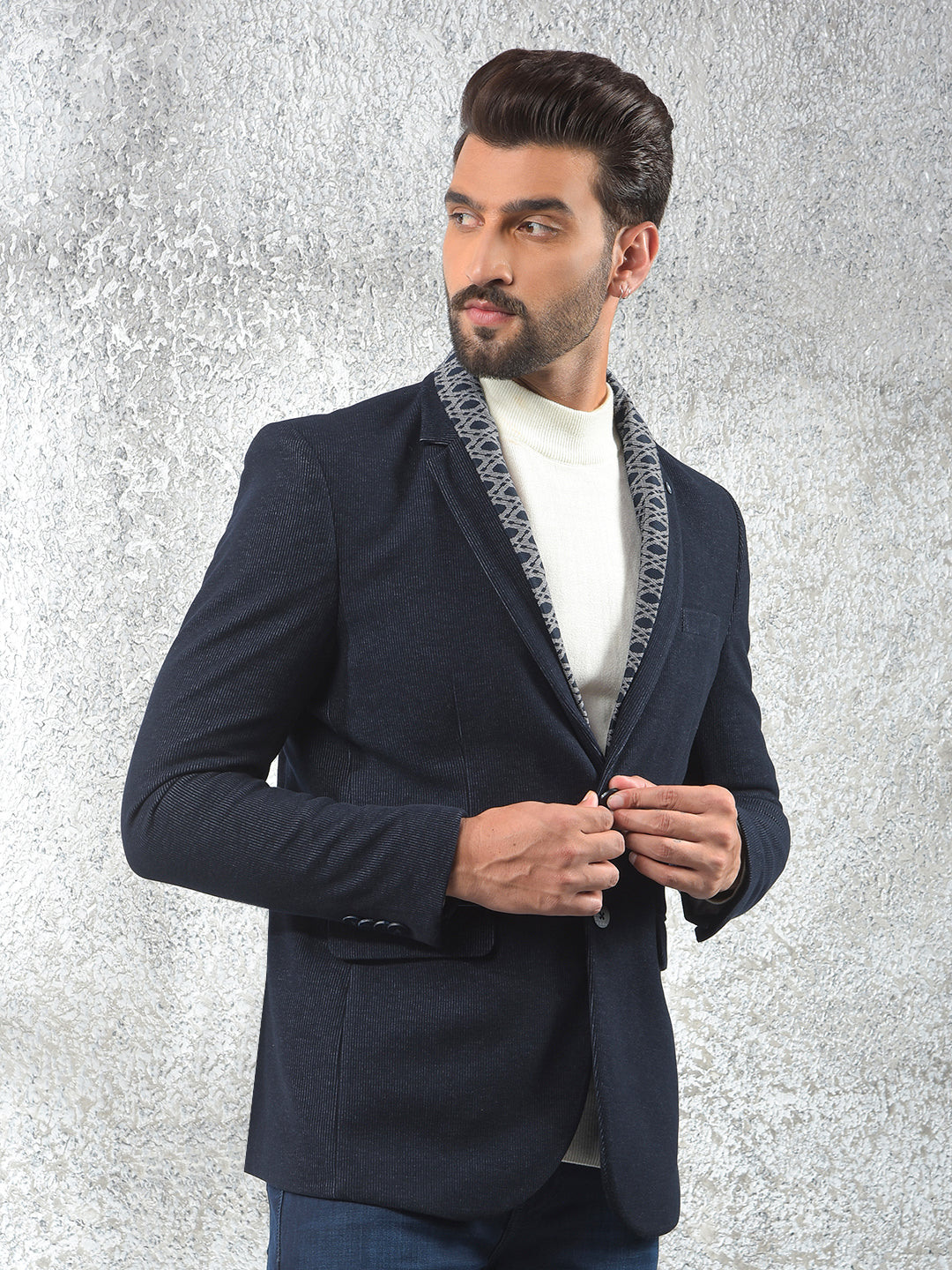 Navy Blue Notched Lapel Single-Breasted Blazer