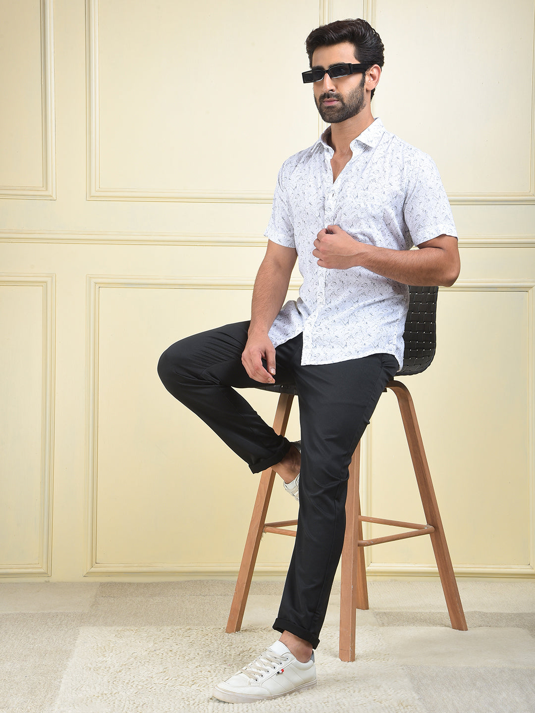White Floral Print Linen Shirt
