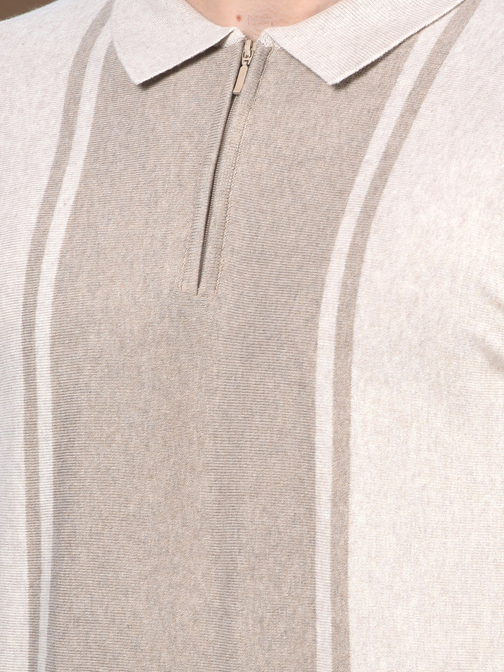 Beige Vertical Stripes Polo Neck T-Shirt