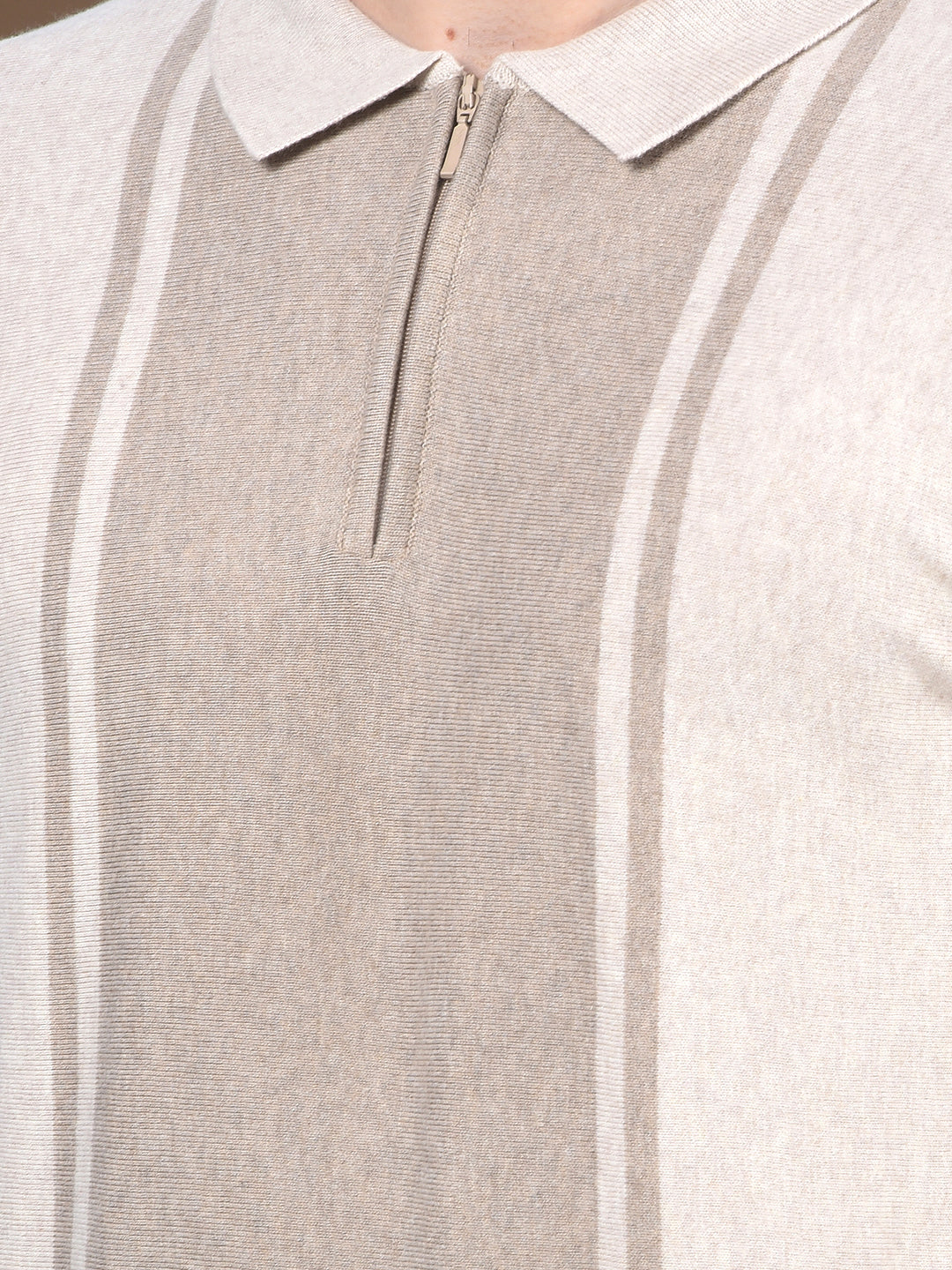 Beige Vertical Stripes Polo Neck T-Shirt