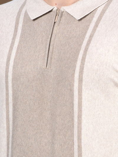 Beige Vertical Stripes Polo Neck T-Shirt
