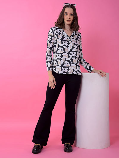 White Printed 100% Modal V-Neck Top