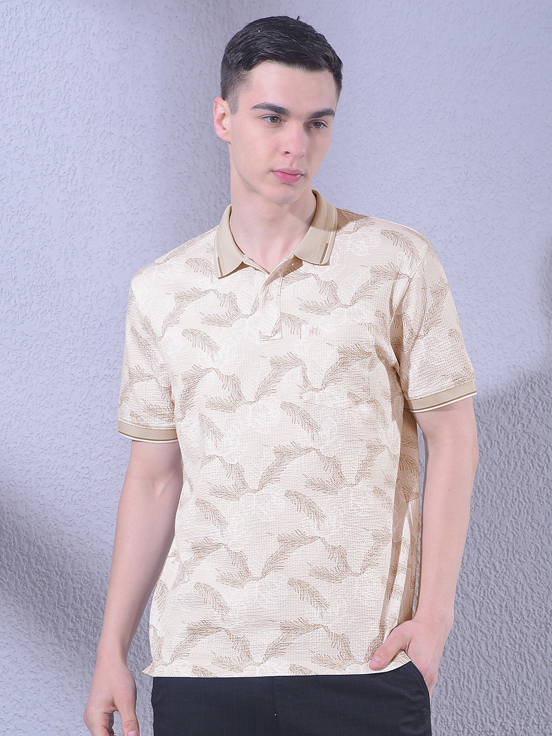 Beige Floral Print Polo Neck T-Shirt
