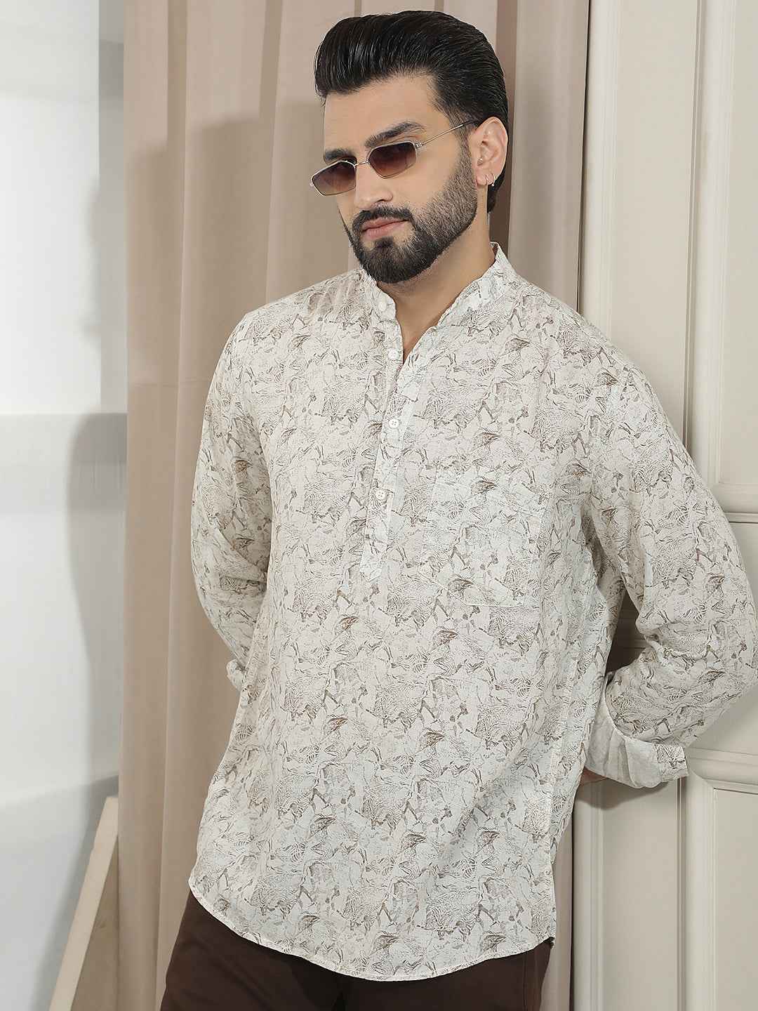 Beige Floral Print Linen Kurta