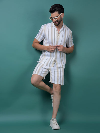 Beige Vertical Stripes 100% Cotton Shorts