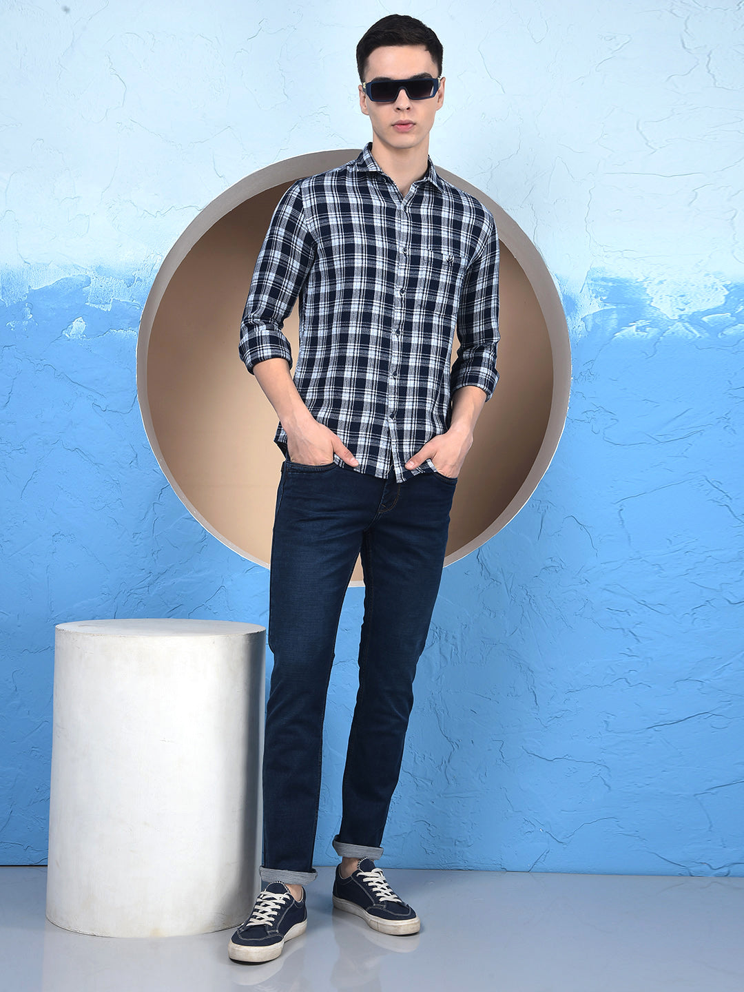 Navy Blue Checked 100% Cotton Knitted Shirt