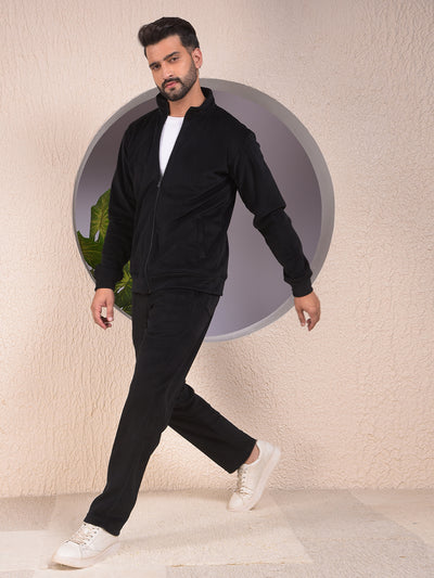 Black Knitted Trackpants With Button & Zip Closure