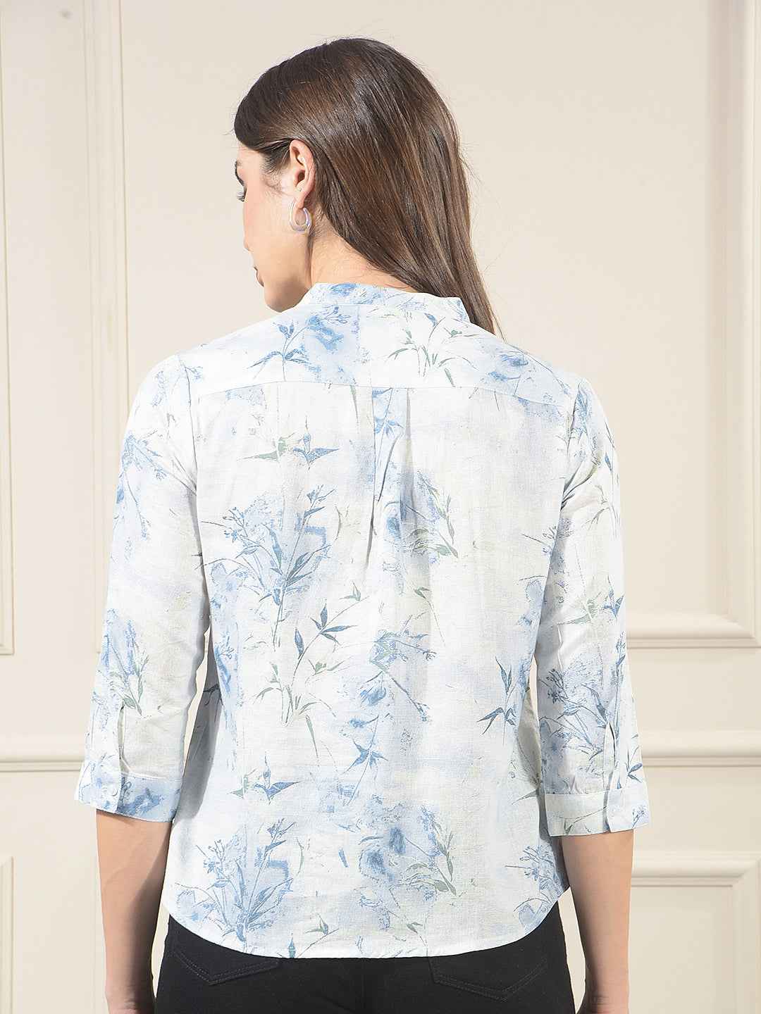 Sky Blue Linen Round Neck Floral Printed Top