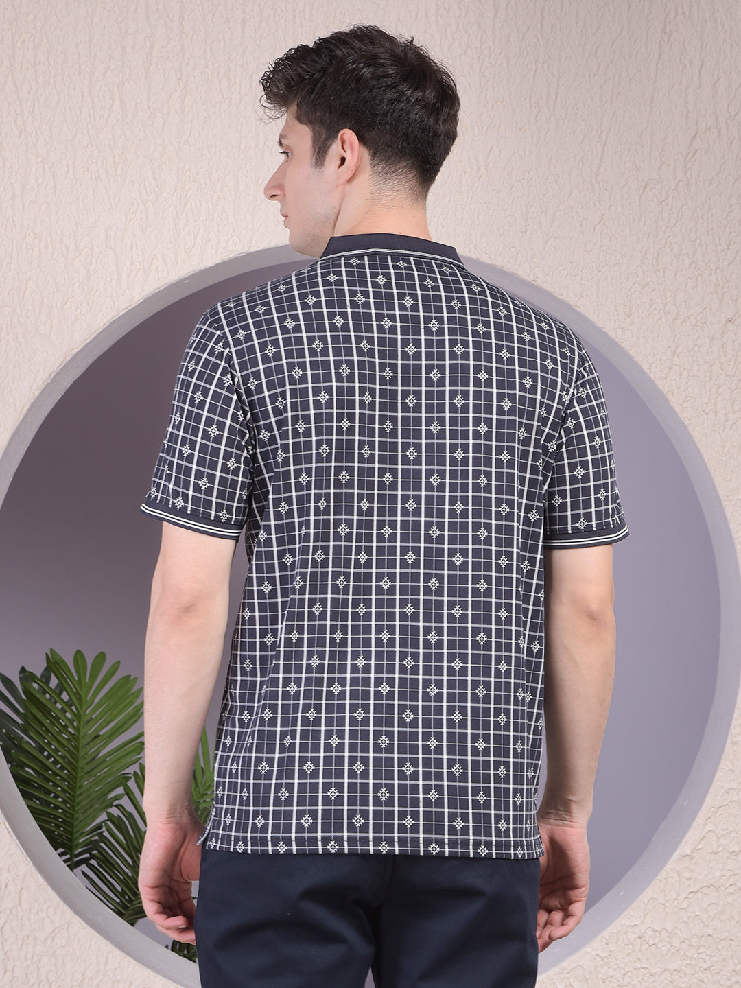 Navy Blue Printed Polo-Neck T-Shirt