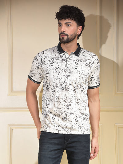Black Floral Print Polo-Neck T-Shirt