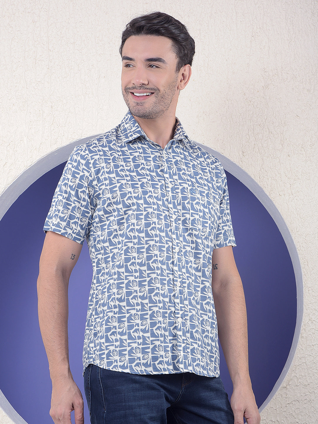 Blue Floral Printed Linen Shirt