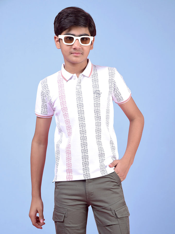 White Printed Polo Neck T-Shirt