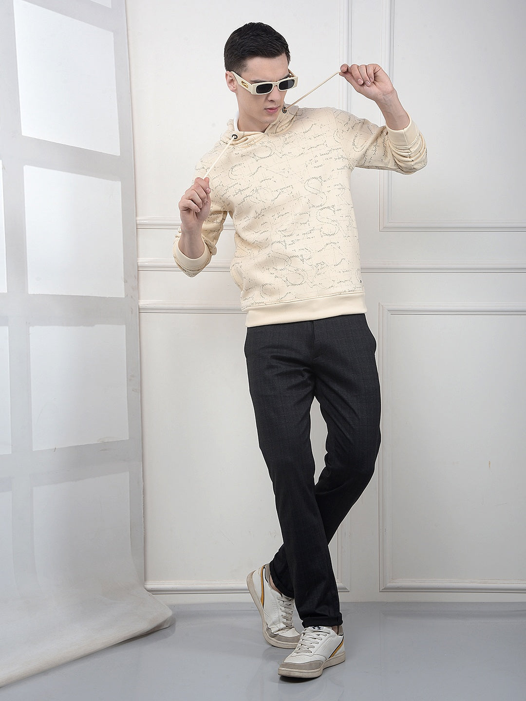 Cream Printed Hooded Neck Sweatshirt
