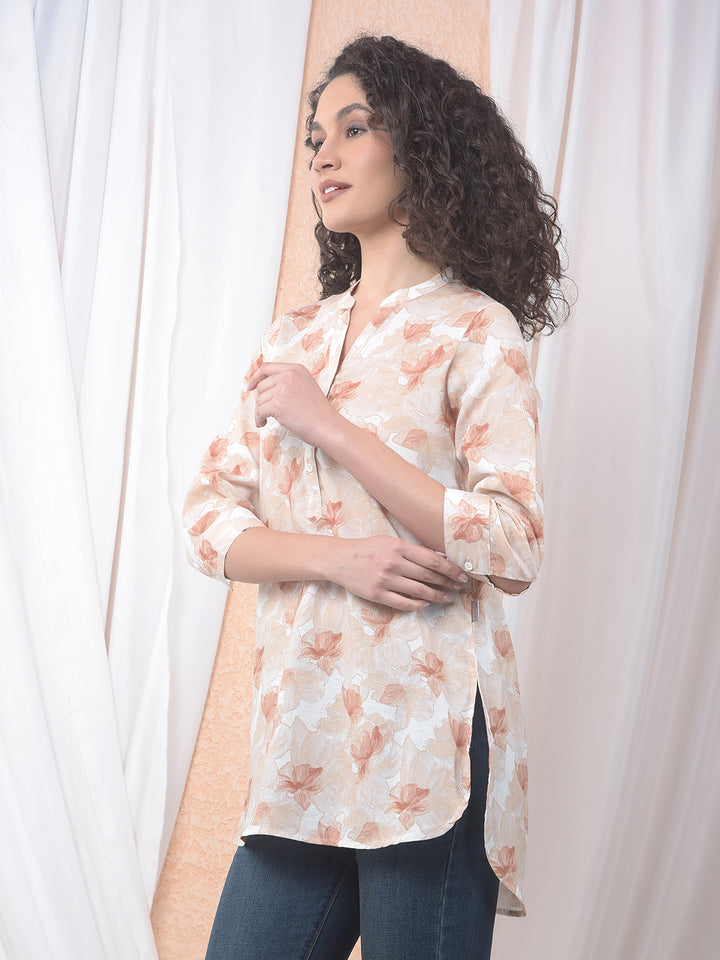 Beige Floral Printed Tunic Linen Top