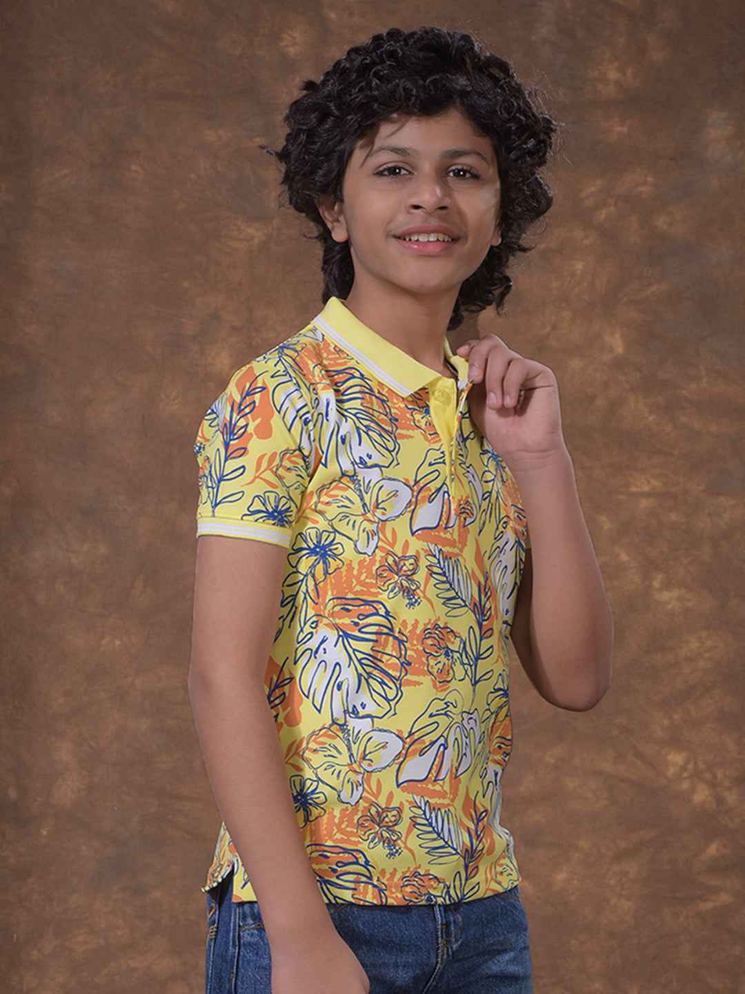 Green Floral Print Polo Neck T-Shirt