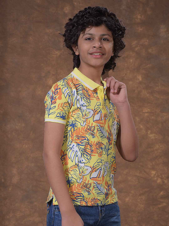 Green Floral Print Polo Neck T-Shirt