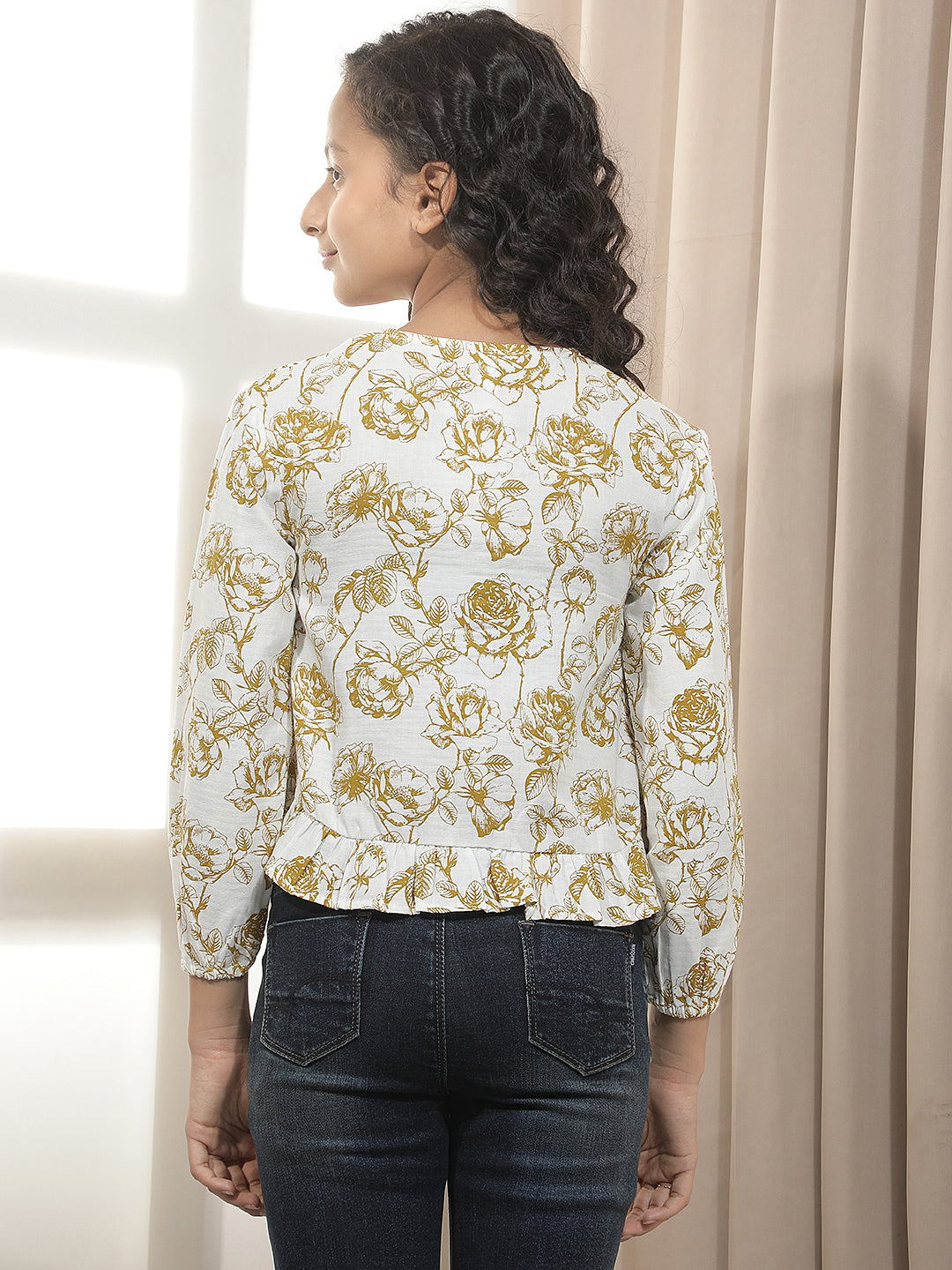 Olive 100% Cotton Floral Printed Round Neck Top