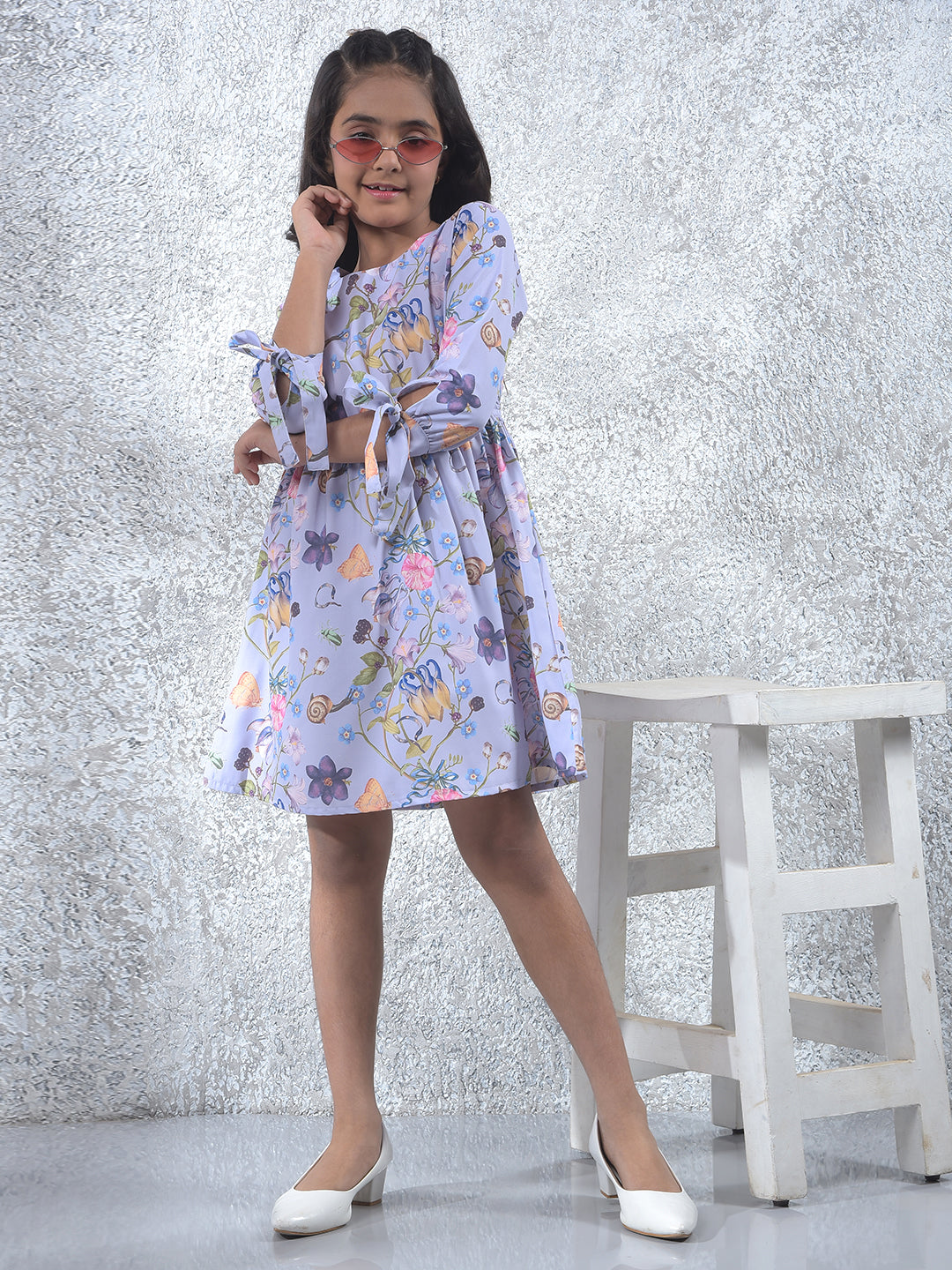 Purple Floral Print A-Line Dress