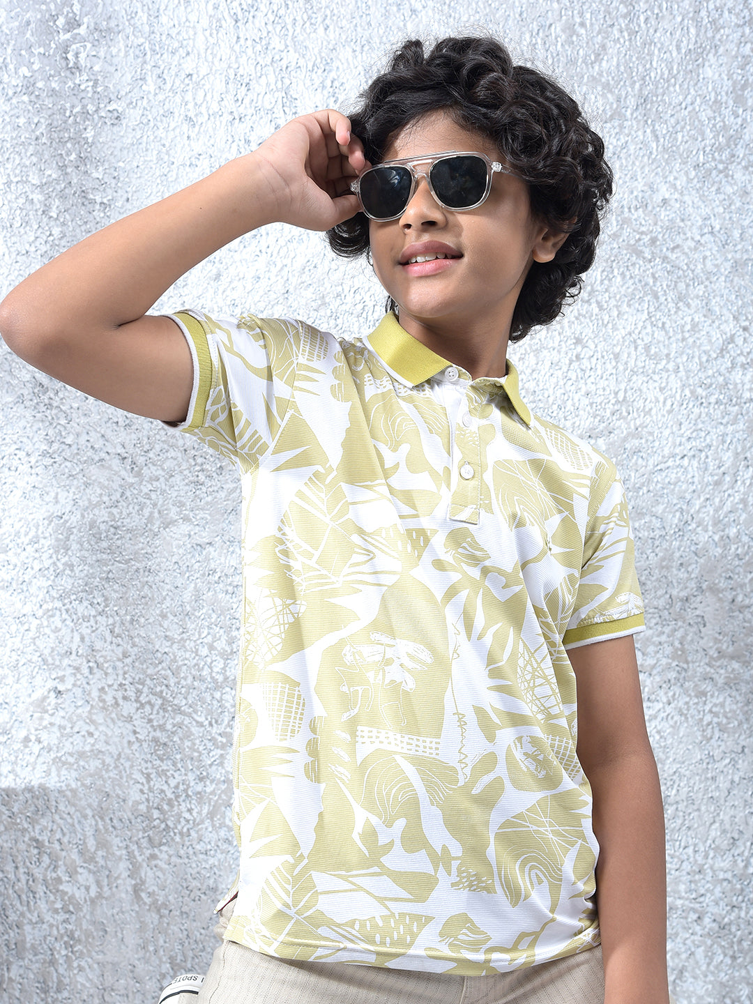 Yellow Floral Print Polo Neck Knitted T-Shirt