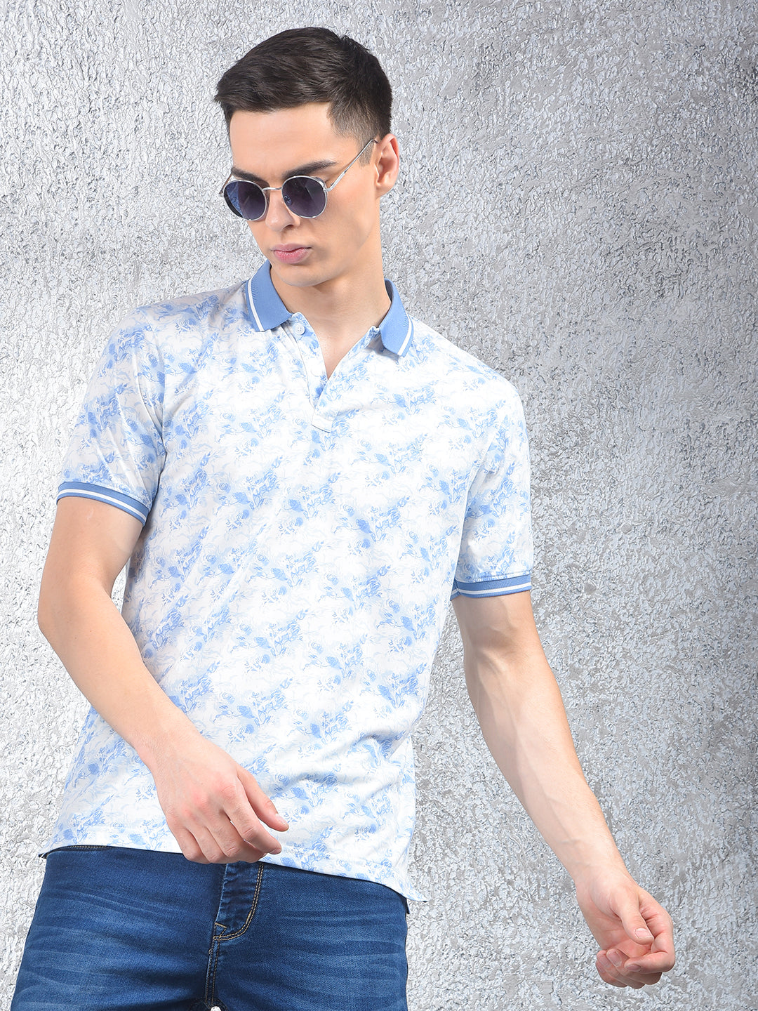 Blue Floral Print Polo Neck T-Shirt