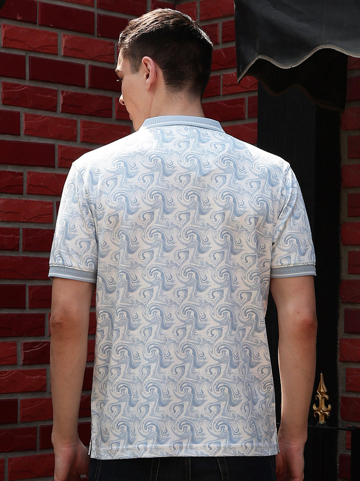 Grey Printed Polo Neck T-Shirt