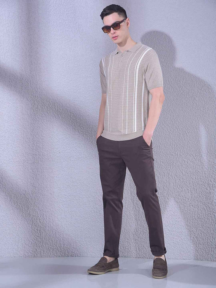 Beige Vertical Stripes T-Shirt