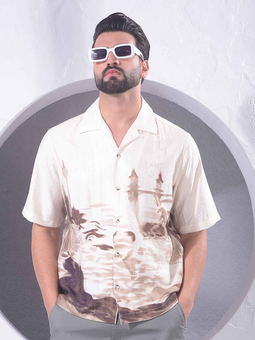 Olive Printed Resort-Collar Shirt