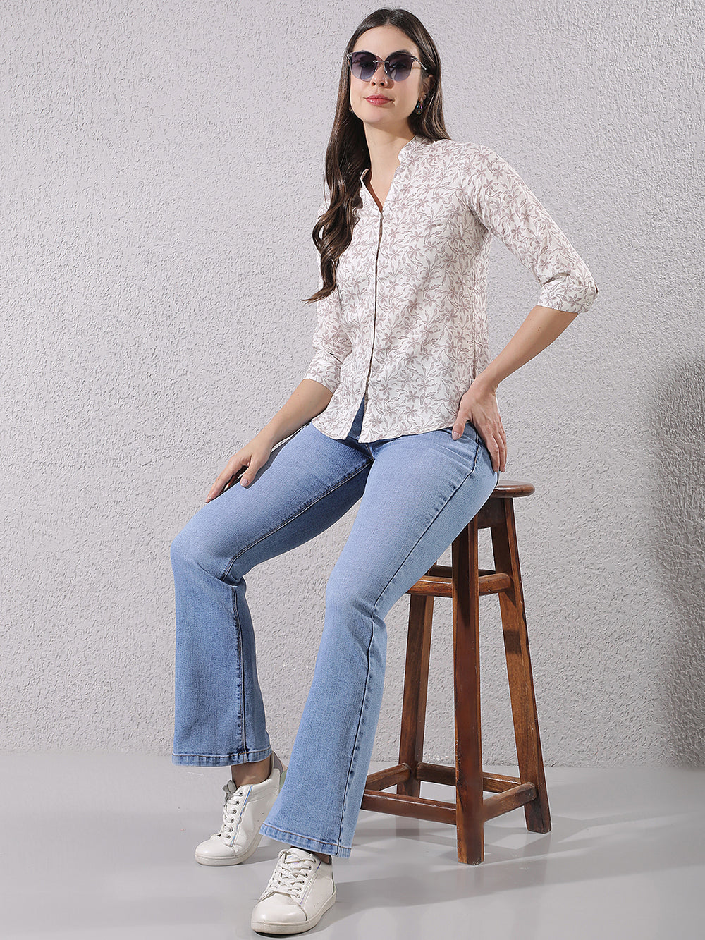 Purple Floral Print V-Neck Linen Shirt