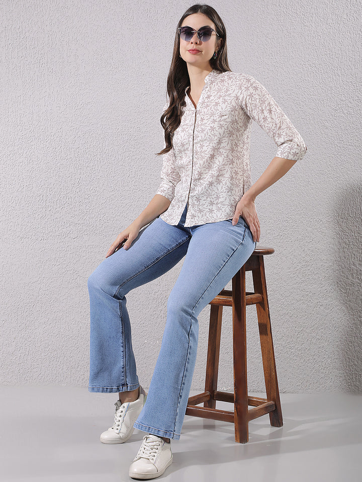 Purple Floral Print V-Neck Linen Shirt