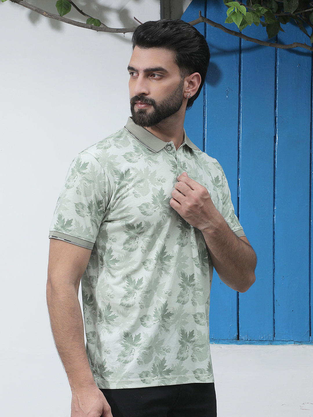 Green Floral Print Polo Neck T-Shirt