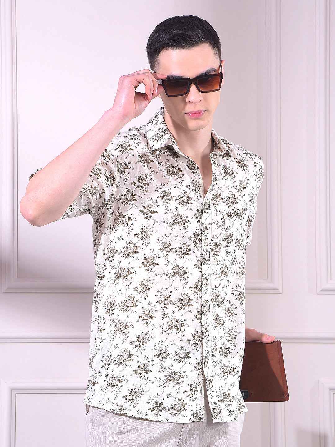 Beige Linen Floral Print Shirt
